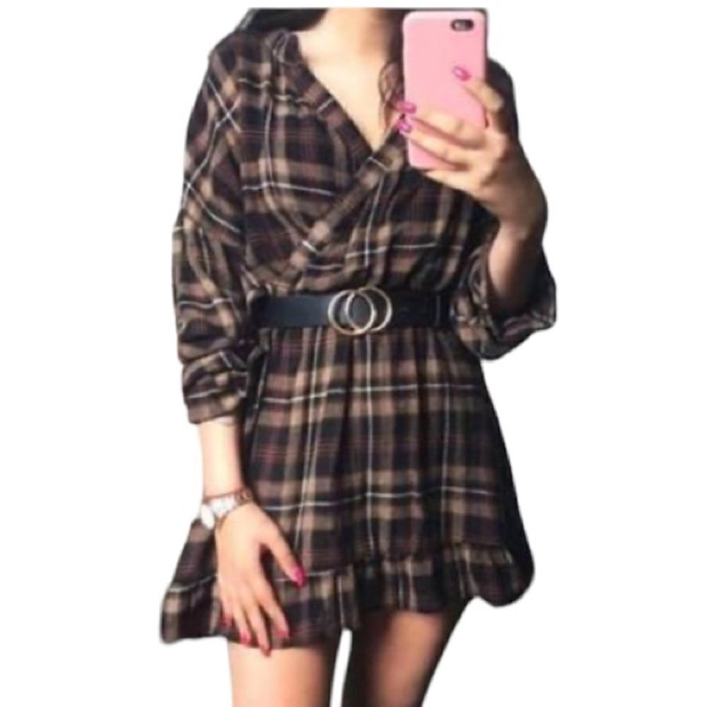 Zara Women's Medium Plaid Long Sleeve Long Blouse /mini dress Brown Black XS